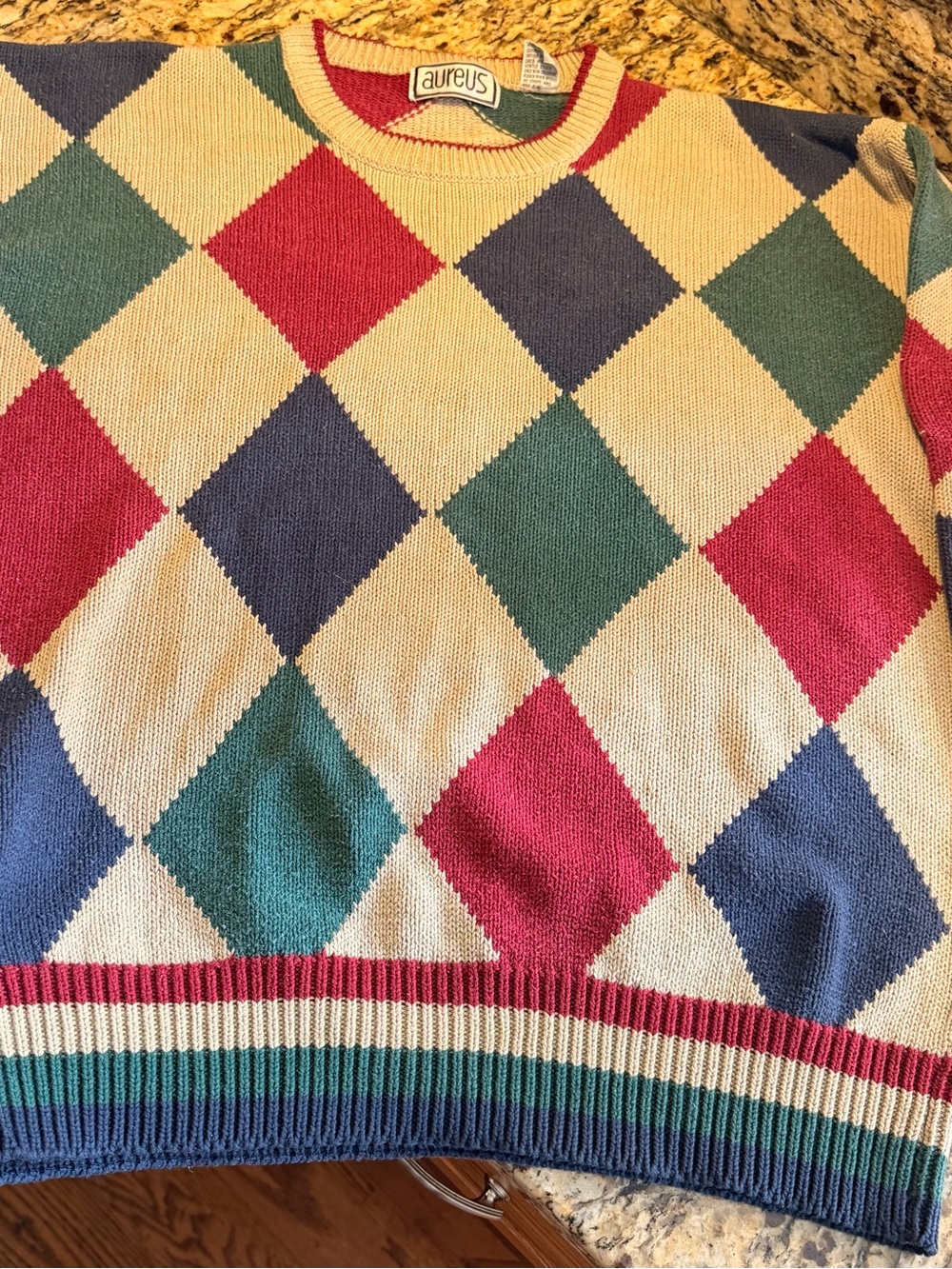 Vintage Aureus Cream Argyle Crewneck Sweater with Red, Blue & Green Diamonds